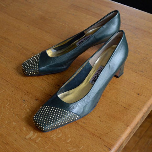 Nearly New Timothy Hitman Green Leather & Gold Dotted Metal Cap Toe VINTAGE 80s - Picture 2 of 8